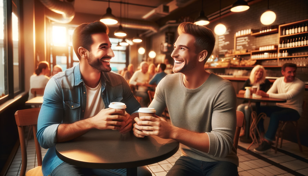 gay couple having coffee in a cafe making sure they avoid fear of intimacy