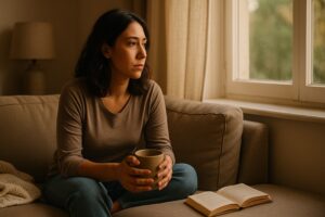 Woman sitting alone thoughtfully considering relationship patterns`